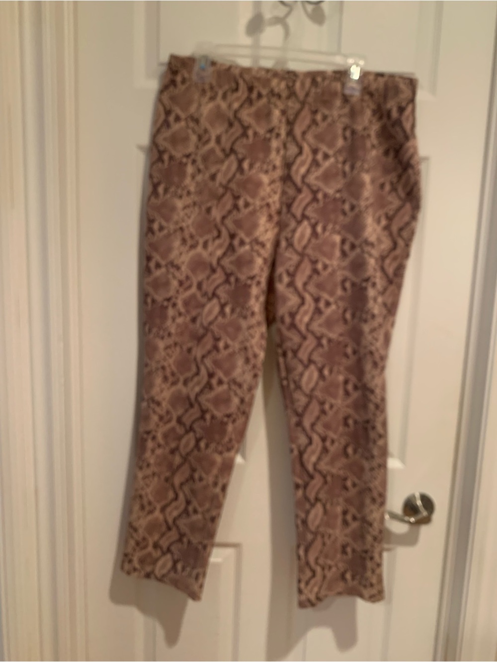 Snake-Print Pull-On Cropped Pants in Taupe